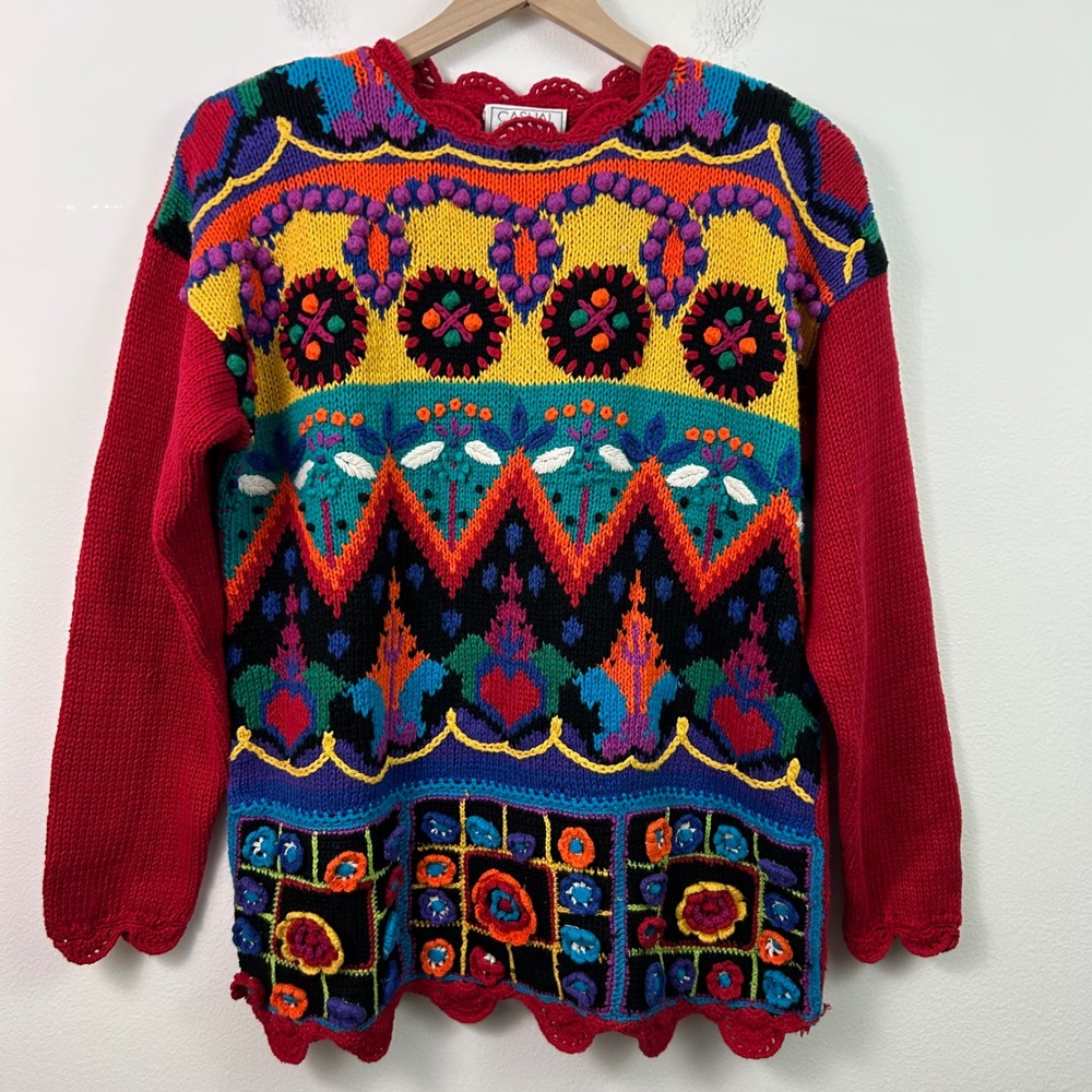 Vintage Womens Casual Corner Knit Sweater 1993 Embroidered Multicolor Size M